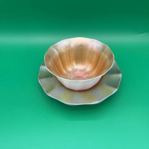 Steuben Shape # 2680 Gold Aurene & Calcite Finger Bowl & Underplate