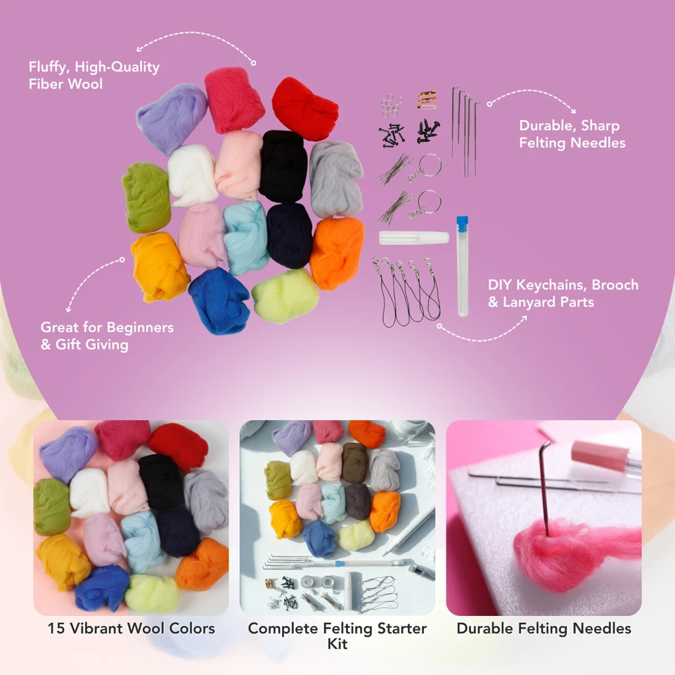 Incraftables Wool Needle Felting Kit (15 colors). Wool Felting Kits - Image 4 of 4