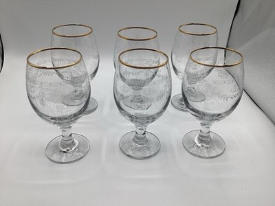 6 Circleware Anne Gold Rim Etched Water Goblet Scroll Floral Clear Glass 6.25 