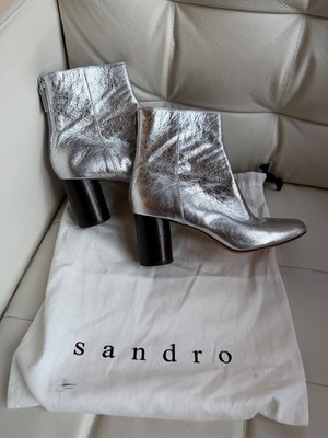 SANDRO ''SACHA PARIS'' SILVER METALLIC LEATHER ANKLE BOOTS SZ 9 (EU39) W/DUST BAG