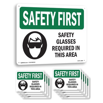 Safety Glasses Required In This Area OSHA SAFETY FIRST Sign, Decal 5 or 10 Pack