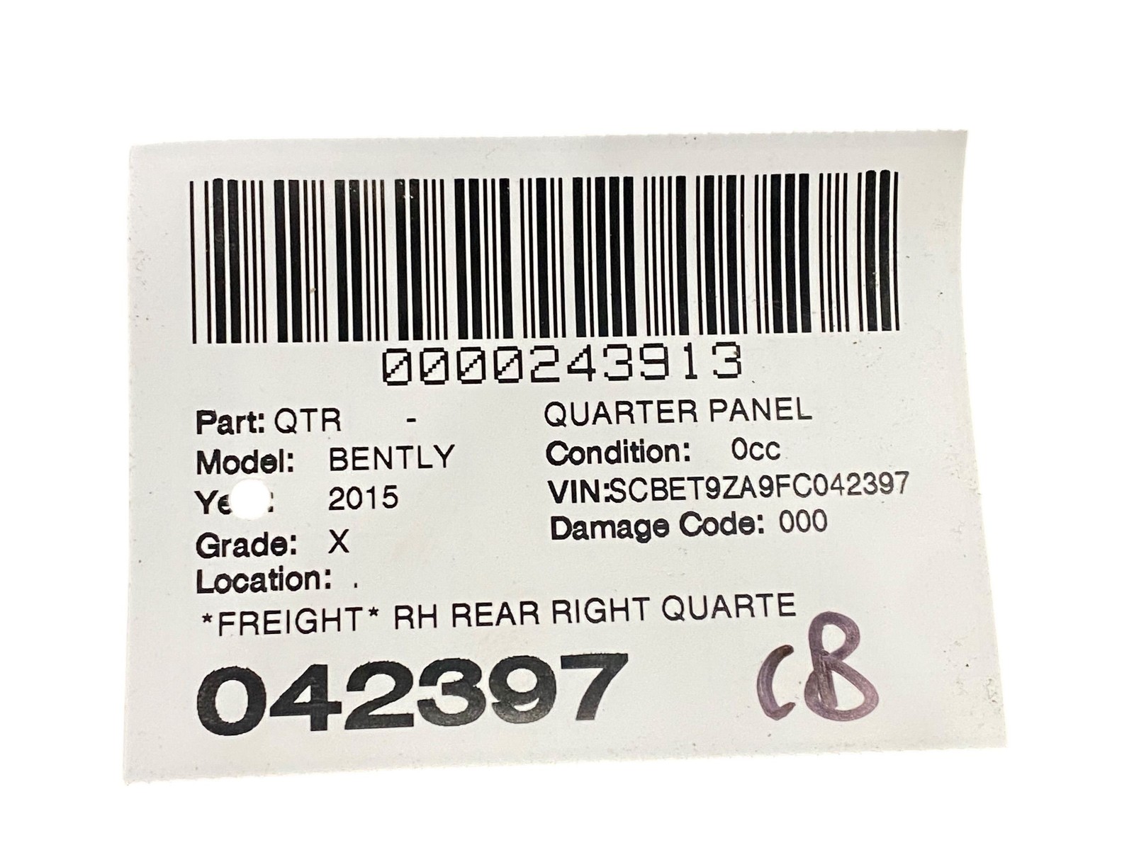 2013-2019 BENTLEY FLYING SPUR 4W 223B REAR RIGHT QUARTER PANEL *STRUCTURE CUT*