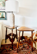 Antique TRIANGLE SIDE TABLES * Carved Stretchers * 1895-1910 * Buy One or Pair