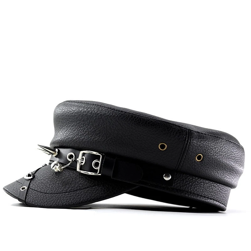 Femme Punk Clouté Béret Chapeau Hip Hop Bouchon Plat Journaux Simili Cuir Gothic - Photo 4/4