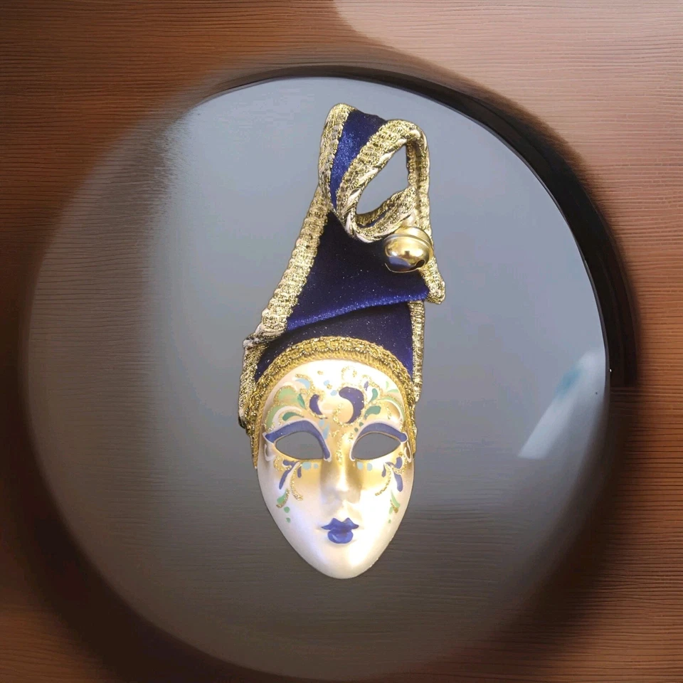 Bufón Azul Terciopelo Pintado a Mano Máscara Veneciana Hecha Venecia Italia De Colección 7" Foto 2 de 4