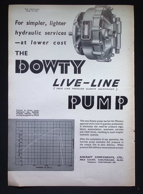Original 1940 Werbung Dowty Live-Line Hydraulikpumpe Flugzeug Komponenten