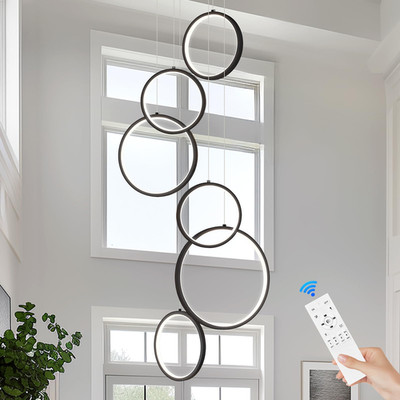 Benkut Modern Led Chandelier 6 Ring Black Led Pendant Light Adjustable Height