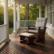 Solid Wood Rocking Glider Chair Lounger Accent Chair w Ottoman Set Beige Cushion