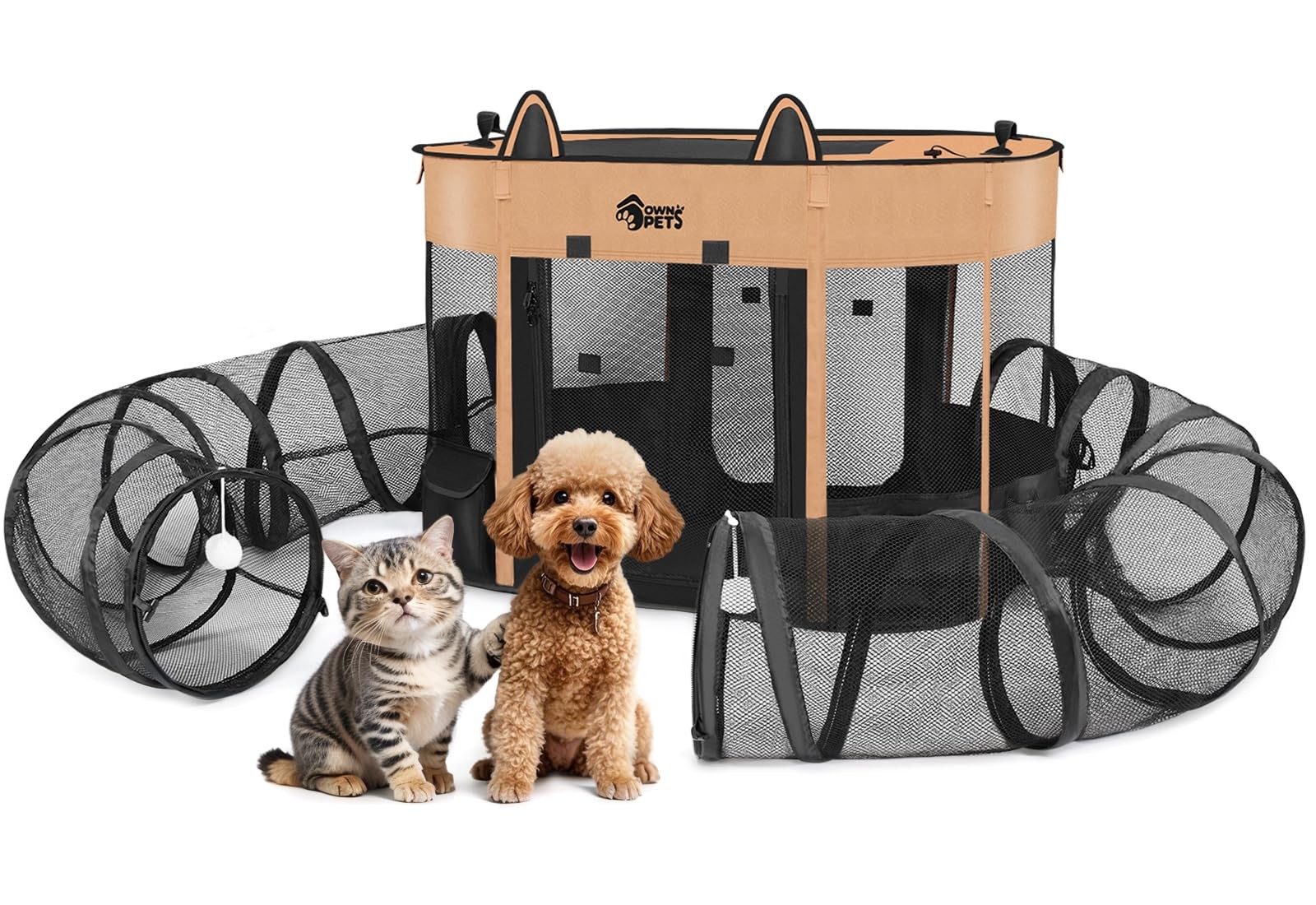 Portable Foldable Cat Playpen with Removable Tunnel for Indoor Puppy Play