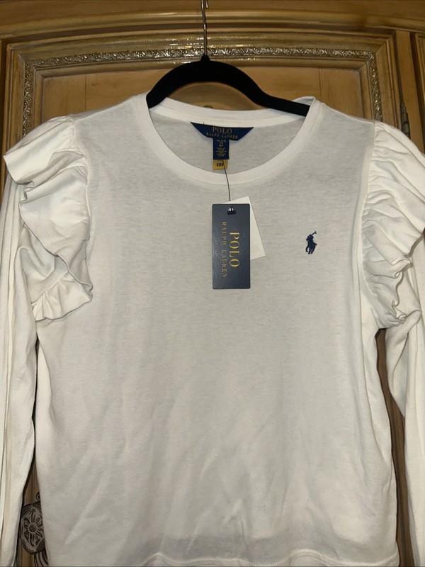 Polo Ralph Lauren Girls Size 16 NWT! White Ruffle Details Logo Long Sleeve Shirt