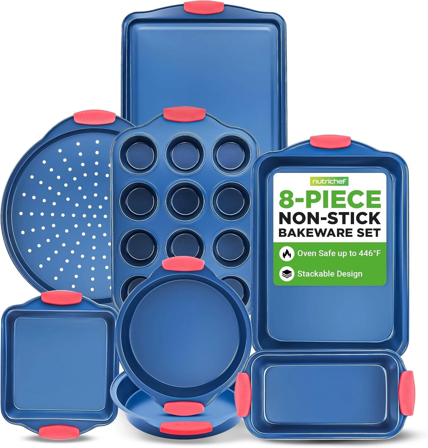 8-Piece Bakeware Set Nonstick Carbon Steel Baking Pans W/ Red Silicone Handles