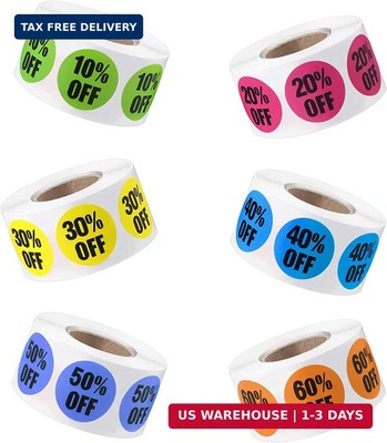 6 Rolls/3000 PCS Percent Off Stickers,1'' 10 to 60 Percent Discount Stickers Lab