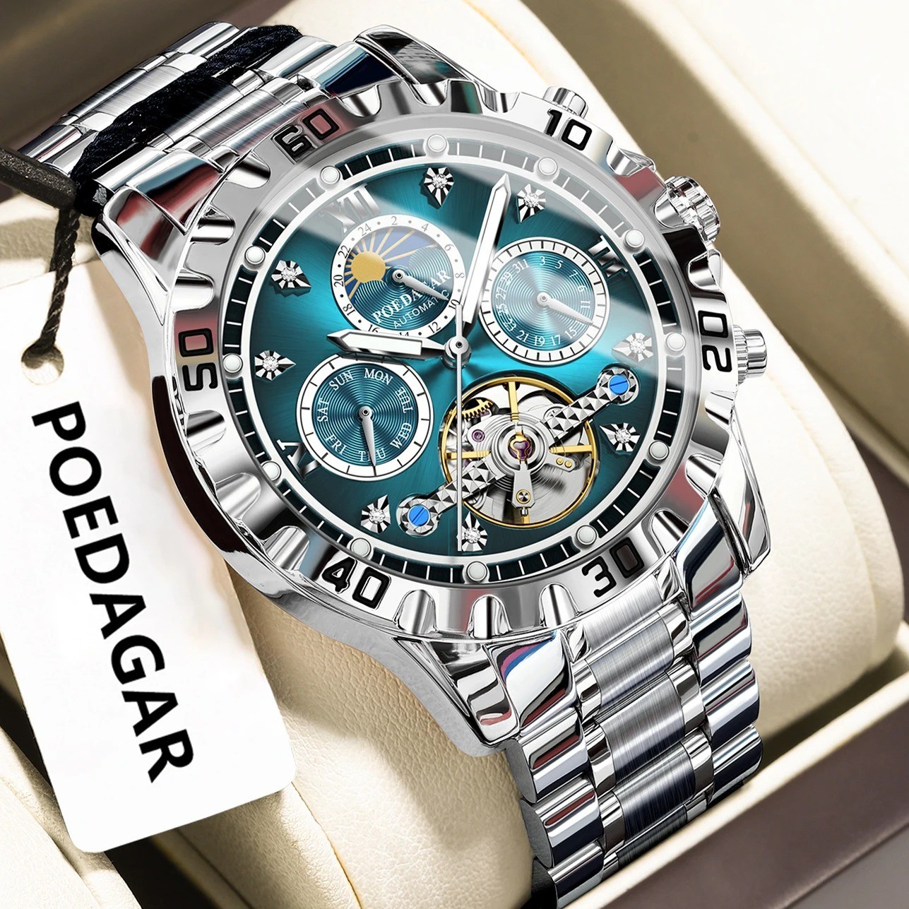 Montre squelette homme luxe étanche bracelet acier horloge squelette mécanique
