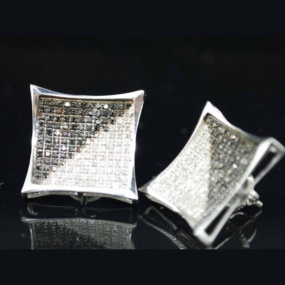 Aretes cuadrados pavé enchapados en oro blanco de 14K diamante negro corte redondo de 1 Ctw Foto 4 de 4