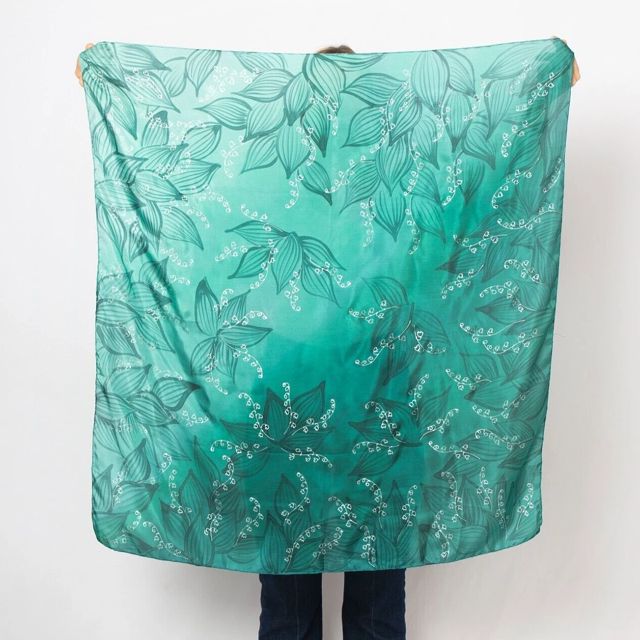Hand Painted Silk Square Scarf Lily of The Valley Floral Spring Scarf 90X90