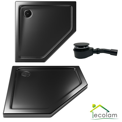 flache Duschwanne Duschtasse raumsparend Fünfeck 90x90 x5 schwarz black + Siphon
