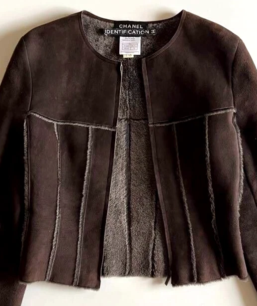 Giacca shearling CHANEL pelle marrone senza colletto SS1999 donna taglia 38