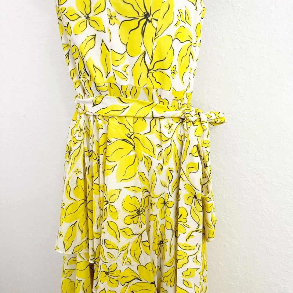 Vestido midi Badgley Mischka alto bajo estampado floral con volantes en capas amarillo talla 6 Foto 2 de 4