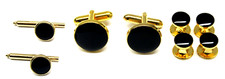 Gold Cufflinks Button Stud Set Round Black Inlay Bullet Back Men's Formal Wear
