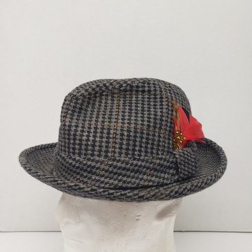 Vintage Fedora Hat Plaid Lambswool w/ Red & Yellow feathers Size 7