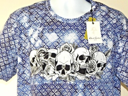 Robert Graham Bleu Geo Crâne T Shirt Taille L Tout Neuf W/Étiquette - Photo 1 sur 3
