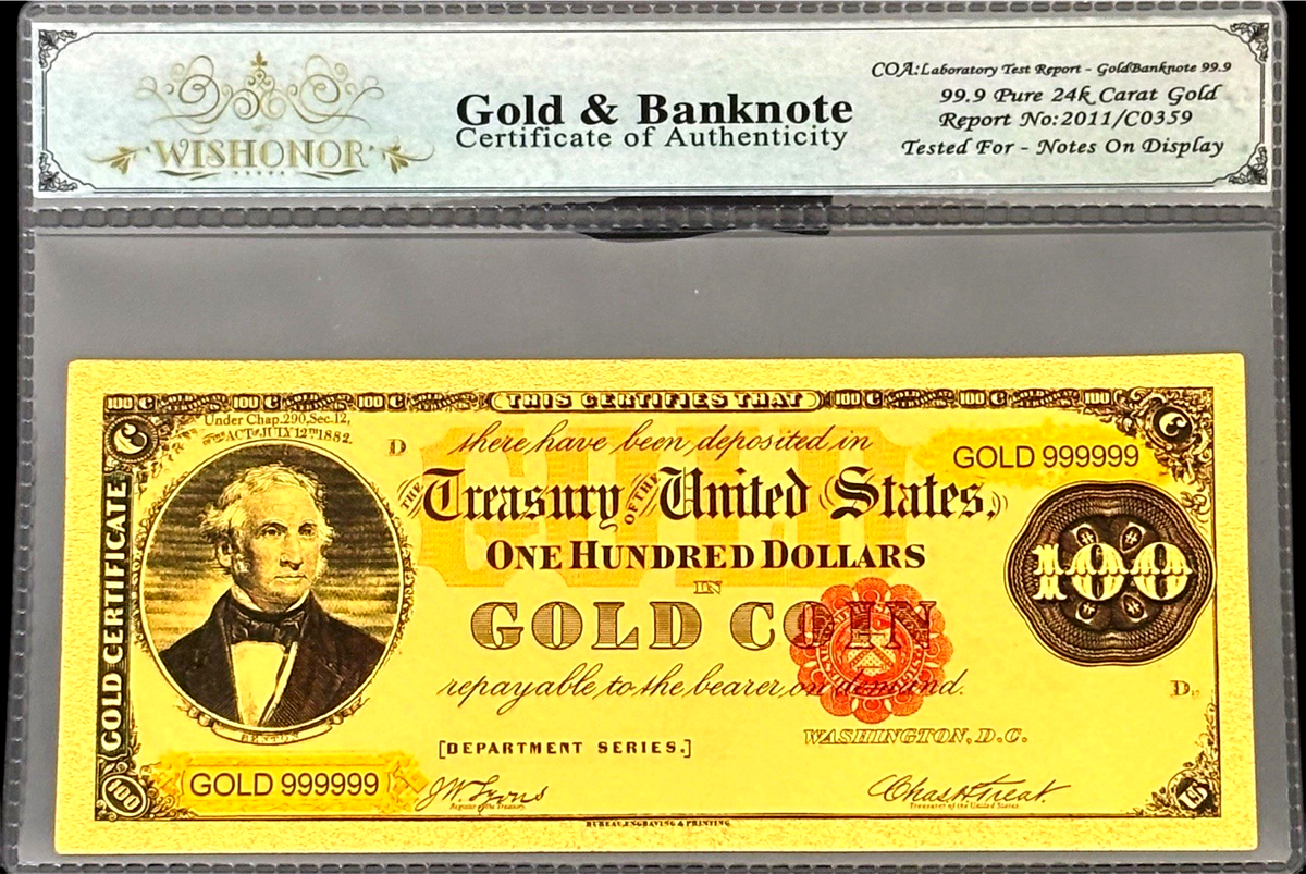 1882 $100 GOLD CERTIFICATE US BANKNOTE IN PROTECTIVE SLEEVE W COA