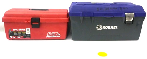 KOBALT 19" BLUE PLASTIC TOOL BOX  FLAMBEAU TOOL BOX/ ASSORTED LOT PARTS MISSING