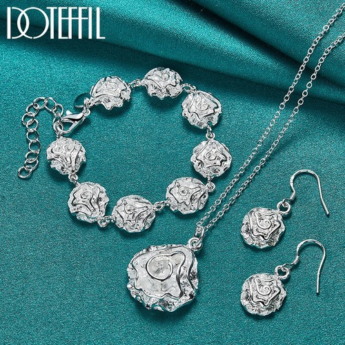 DOTEFFIL 3pcs 925 Sterling Silver Rose Flower Earring Necklace Bracelet Set - 第 1/6 張圖片