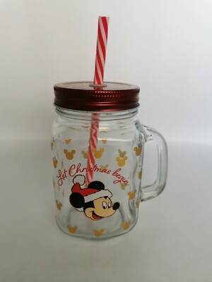 1 Disney Mickey Mouse Let Christmas Begin Trinkglas mit rotem Deckel & Strohhalm