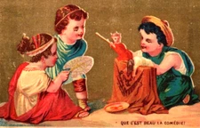 Que C'est Beau La Comedie Children Having Puppet Show Victorian Trading Card