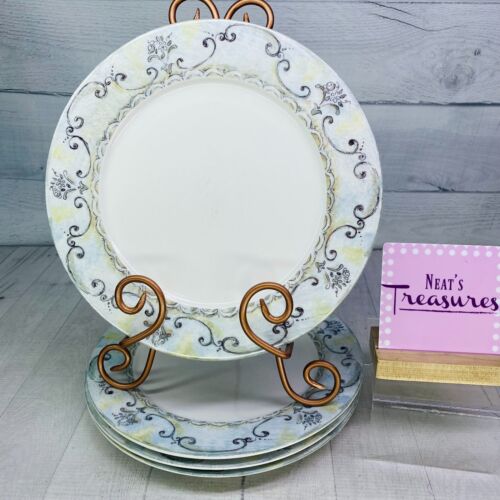 American Atelier FRUIT TOILE 5271 Gray Floral Rim Porcelain Dinner Plate Set 4