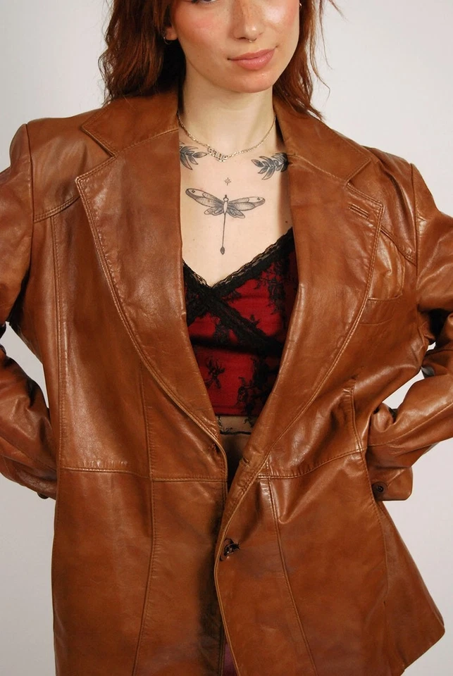 Abrigo de cuero años 70 (XL) vintage marrón abotonado hombre mujer gabardina abrigo mínimo Foto 4 de 4