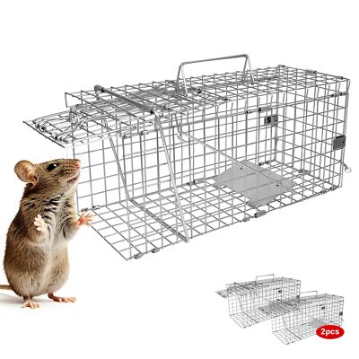 2-Pack Medium Silver Live Animal Cage Trap Folding Humane Cat Trap 14.2x7.9x7.9