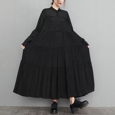 Fashion Womens Loose Stand Collar Button Down Long Sleeves Pleated Shirt Dress
