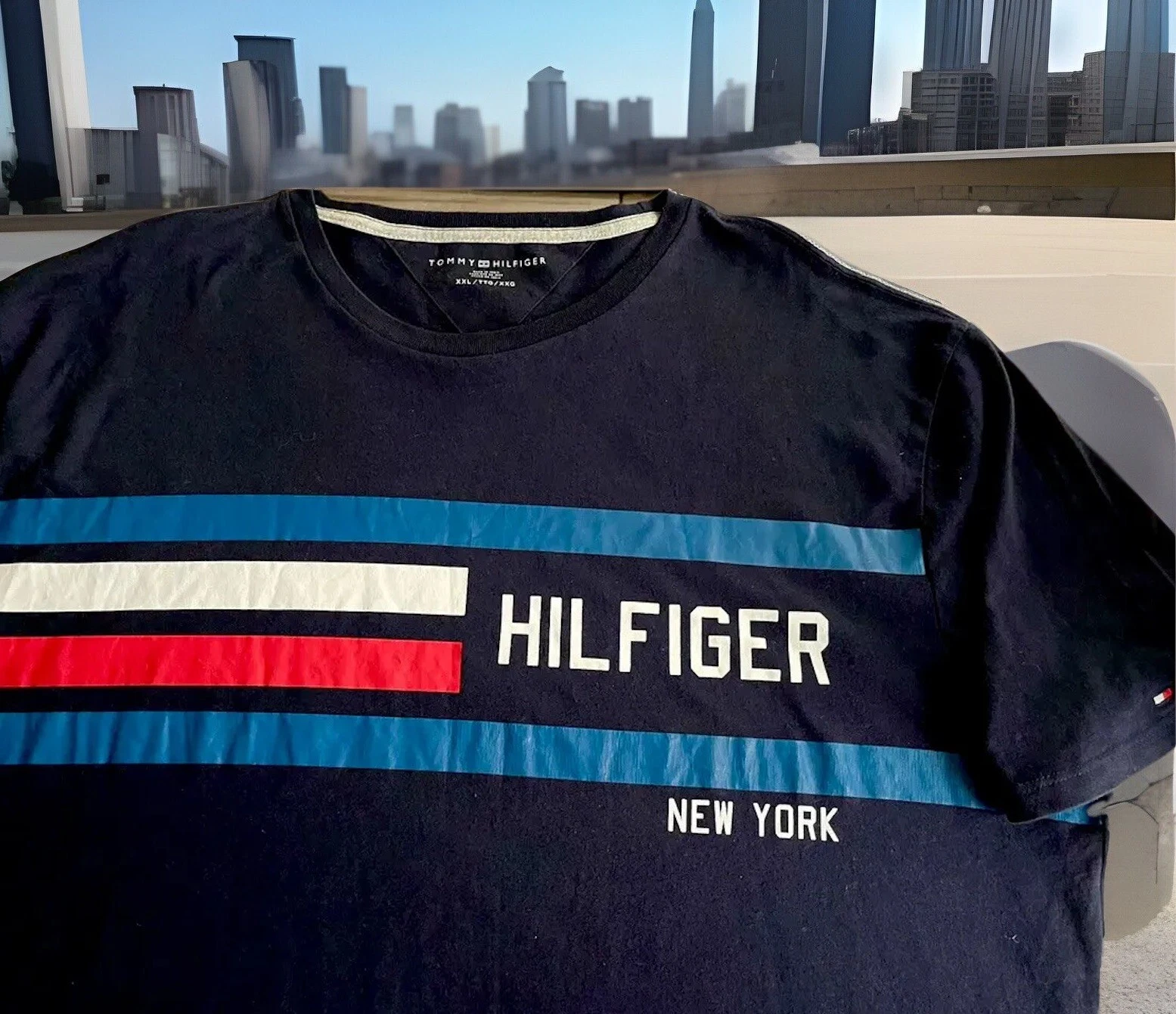 TOMMY HILFIGER FLAG LOGO GRAPHIC T-SHIRT SPELL OUT NAVY BLUE MENS SIZE XXL🇺🇸
