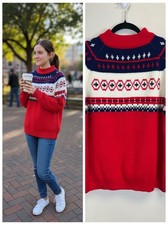 Vintage Fair Isle Sweater Size L Nordic Scandinavian Ski Lodge Cabin Rustic Red