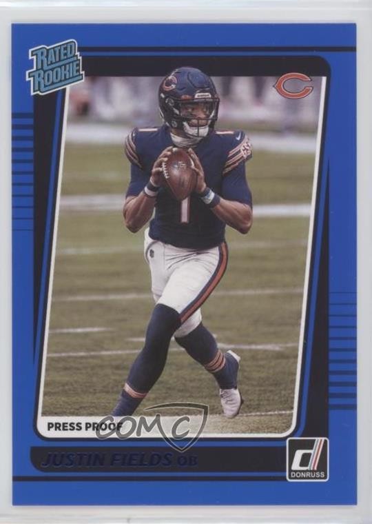2021 Panini Donruss Rated Rookie Press Proof Blue Justin Fields #253 Rookie RC