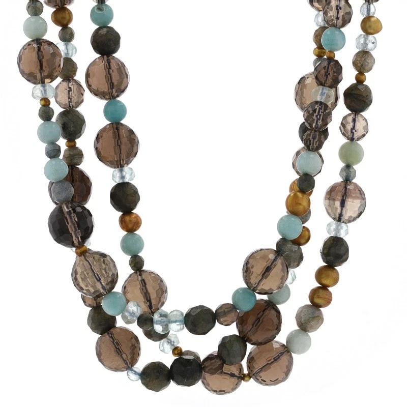 Yellow Gold Labradorite Quartz Pearl Triple Strand Bead Necklace 14k Adjustable - Image 2 of 4