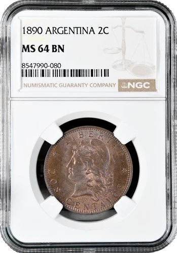 Argentina 2 centavos 1890, NGC MS64 BN, "Argentine Peso (1881 - 1969)" Top Pop