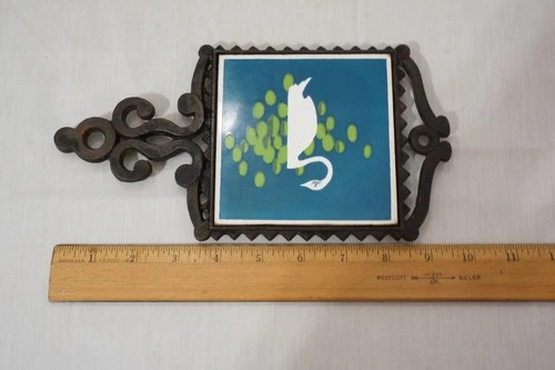 Vtg MCM Japanese Cast Iron Tile Trivet Swan Duckweed Yamaju Rosier Hot Plate 9.5 image 4