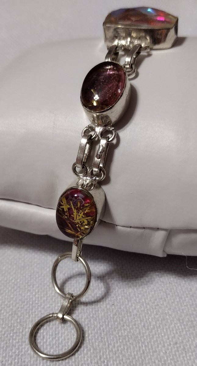 Unique Dico Glass & Aurora Borealis Quartz Handmade Toggle Bracelet 925 Silver View 3