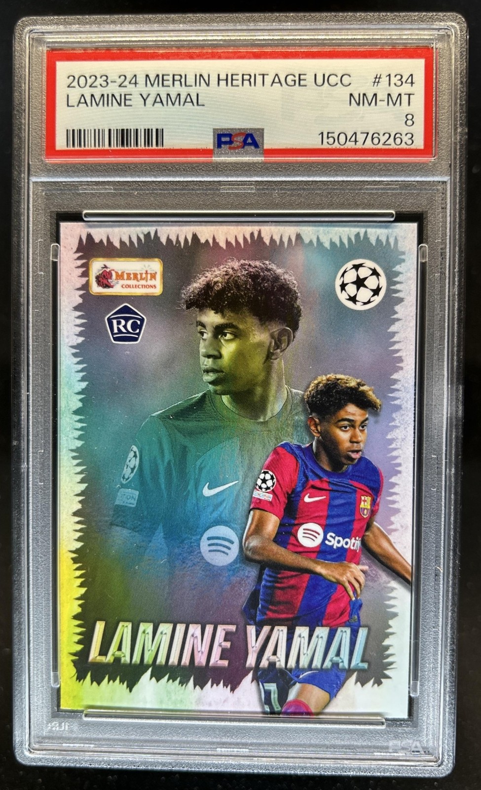 2023-24 Topps Merlin Heritage UEFA Lamine Yamal RC Rookie Young Guns #134 PSA 8