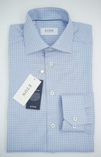 Men Eton Shirt Light Blue With White Check Single Cuff Slim Fit Size 40 15 3/4