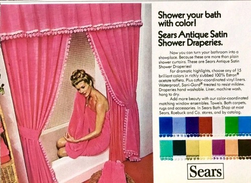 Vintage 1960s-70s Sears Shower Curtain Set Light Blue with Hooks and Pompoms