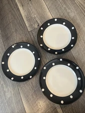Spode Baking Days Black Set Of (3) 7 3/4 Salad Plates White Dots On Black