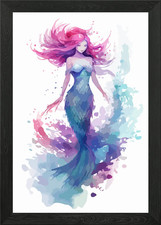 Sweet Mermaid Watercolor Framed Wall Art Poster Canvas Print Picture