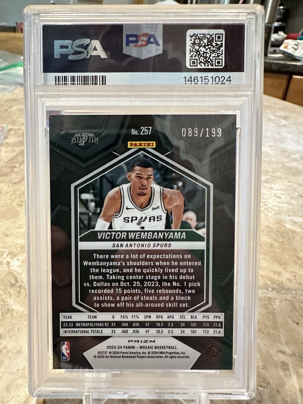 2023-24 Panini Mosaic NBA Debut Blue Prizm /199 Victor Wembanyama #257 PSA 9 view 2