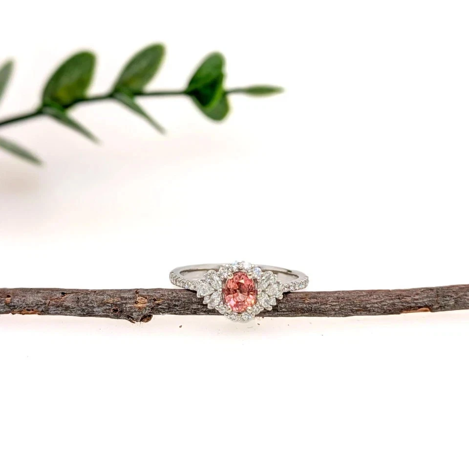 Anillo Aniversario Diamante Zafiro Padparadscha Corte Ovalado 1.58 Ct Oro Blanco 14K Foto 4 de 4