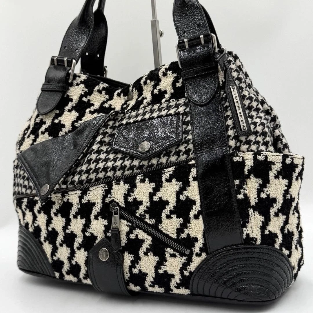 Alexander McQueen Tote Bag, Rider Style, Houndstooth Pattern, Black