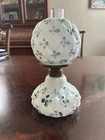 Antique Miniature Oil Lamp Milk Glass Hand Painted Blue Flowers